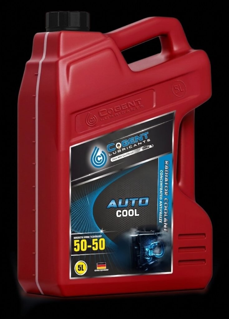 Blue 5L jug of COGENT AUTO COOL 50-50 Concentrated Antifreeze Radiator Coolant featuring a red fluid formulation.