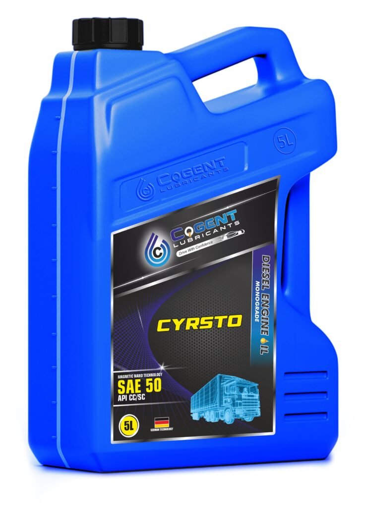 Blue 5L container of COGENT CYRSTO SAE 50 monograde diesel engine oil with API CC/SC specification