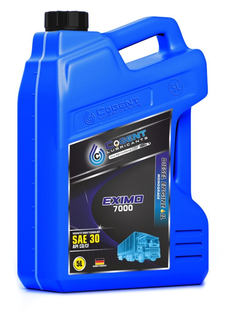 A 5-liter container of COGENT EXIMO 7000 SAE 30 monograde diesel engine oil with API CD/CF specifications.