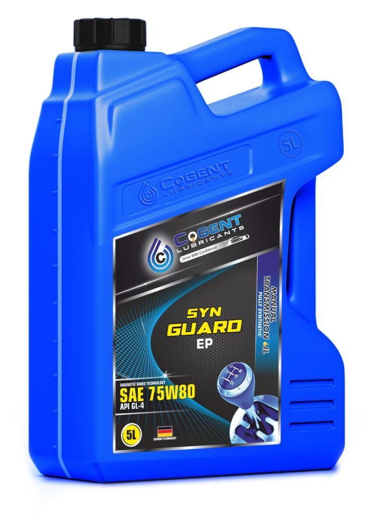 Blue 5L container of COGENT GUARD EP SAE 75W80 API GL-4 Synthetic Blend Manual Transmission Oil.